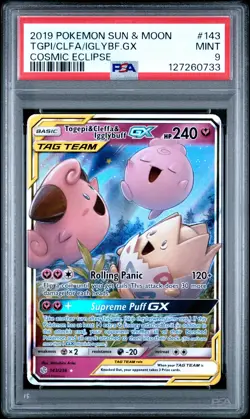 2019 POKEMON SUN & MOON COSMIC ECLIPSE #143 TOGEPI & CLEFFA & IGGLYBUFF GX PSA 9 - Image 1
