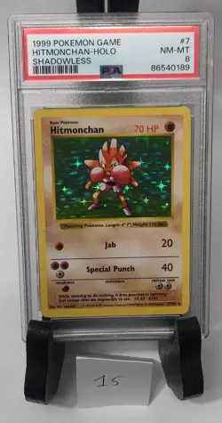 1999 Hitmonchan Shadowless Holo Base Set Pokemon #7 NM PSA 8 - Image 1