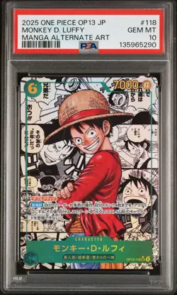 2025 ONE PIECE JAPANESE MANGA ALTERNATE ART OP13-118 MONKEY D. LUFFY PSA 10 - Image 1