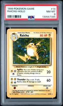 1999 POKEMON BASE SET UNLIMITED #14 RAICHU-HOLO PSA 8 - Image 1