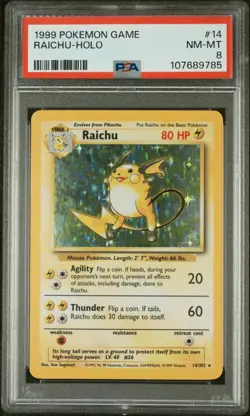 1999 POKEMON BASE SET UNLIMITED #14 RAICHU-HOLO PSA 8 - Image 1
