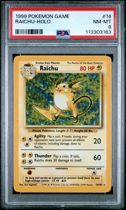 1999 POKEMON BASE SET UNLIMITED #14 RAICHU-HOLO PSA 8 - Image 1