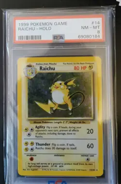 1999 POKEMON BASE SET UNLIMITED #14 RAICHU-HOLO PSA 8 - Image 1