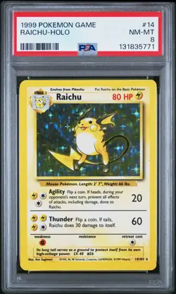 1999 POKEMON BASE SET UNLIMITED #14 RAICHU-HOLO PSA 8 - Image 1