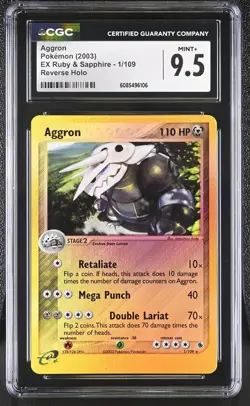 CGC 9.5 MINT+ Aggron 2003 EX Ruby & Sapphire 1/109 Reverse Holo Pokemon Card - Image 1