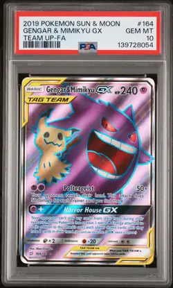 2019 POKEMON SUN & MOON TEAM UP #164 FULL ART/GENGAR & MIMIKYU GX PSA 10 - Image 1