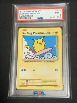 Pokemon XY Evolutions PSA 9 Surfing Pikachu Card 111/108 Secret Rare 2016 - Image 1