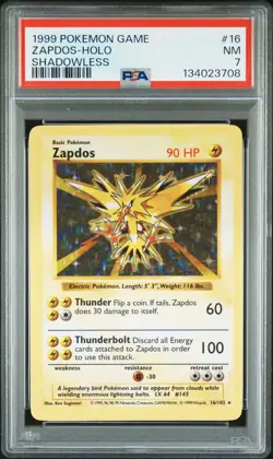 1999 POKEMON BASE SET SHADOWLESS #16 ZAPDOS-HOLO PSA 7 - Image 1
