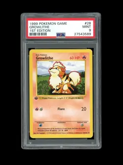Pokemon PSA 9 MINT Growlithe 1st Edition Shadowless Base Set 1999 Card 28/102 - Image 1