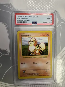 1999 Pokemon BASE SET Growlithe PSA 9 MINT 28/102 SHADOWLESS - Image 1