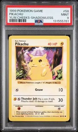 1999 Pokemon Base Set Shadowless Pikachu Yellow Cheeks #58 PSA 9 WOTC - Image 1