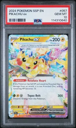 2024 Pokemon Pikachu ex 057/191 Sv08: Surging Sparks Holo PSA 10 💎🔥 - Image 1