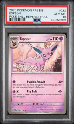 2025 POKEMON PRE EN-PRISMATIC EVOLUTIONS POKE BALL REVERSE HOLO ESPEON PSA 10 - Image 1