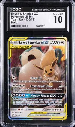 2019 POKEMON TEAM UP HOLO #120/181 EEVEE & SNORLAX GX CGC 10 GEM MINT - Image 1