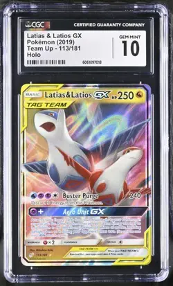 2019 POKEMON TEAM UP HOLO #113/181 LATIAS & LATIOS GX CGC 10 Gem Mint - Image 1