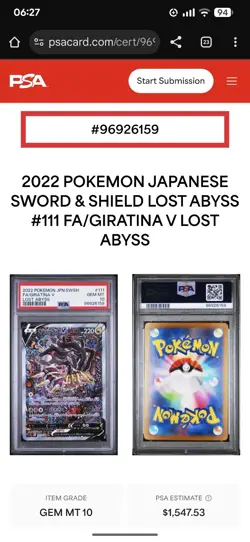 PSA 10 Giratina V 111/100 Full Art Lost Abyss S11 Japanese Pokemon Card GEM MINT - Image 3