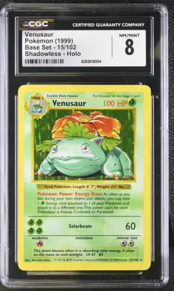 CGC 8 Venusaur 1999 Base Set 15/102 Shadowless Holo Pokemon Card - Image 1