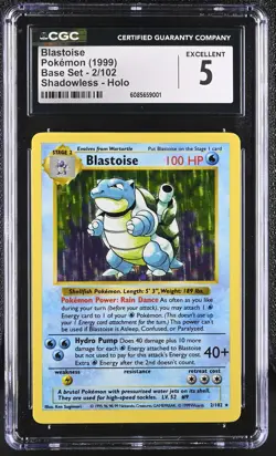 CGC 5 Blastoise 1999 Base Set 2/102 Shadowless Holo Pokemon Card - Image 1