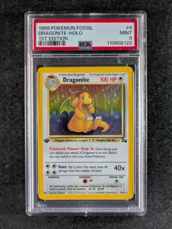1999 Pokemon DRAGONITE 4/62 Fossil 1st Edition Galaxy Holo Rare English PSA 9 - Image 1