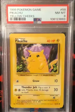 Pikachu Yellow Cheeks 1999 Pokemon Game Base Set Shadowless #58 PSA 8 NM - MT - Image 1