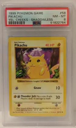 Pikachu Yellow Cheeks 1999 Pokemon Game Base Set Shadowless #58 PSA 8 NM - MT - Image 1