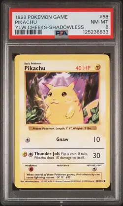 Pikachu Yellow Cheeks 1999 Pokemon Game Base Set Shadowless #58 PSA 8 NM - MT - Image 1