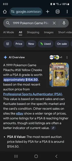 1999 Pokemon Game Pikachu Yellow Cheeks #58 PSA 8 - Image 3