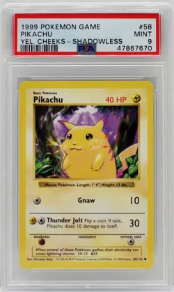 Pokemon Base Set Shadowless Pikachu 58/102 PSA 9 MINT - Image 3