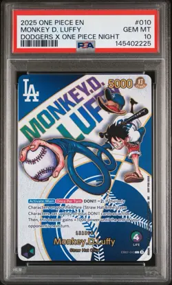 2025 ONE PIECE PROMOS DODGERS X ONE PIECE NIGHT #010 MONKEY D. LUFFY PSA 10 - Image 1