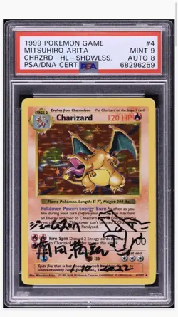 1999 Pokemon Base Set Holo Charizard Mitsuhiro Arita AUTO DNA 8 #4 PSA 9 MINT - Image 1