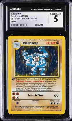 1999 POKEMON BASE SET 1ST EDITION HOLO #8/102 MACHAMP CGC 5 - Image 1