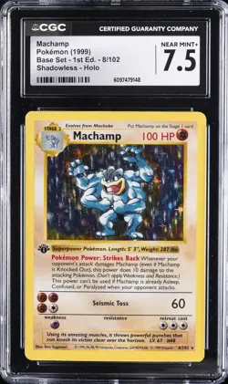 1999 POKEMON BASE SET 1ST EDITION SHADOWLESS HOLO #8/102 MACHAMP CGC 7.5 - Image 1