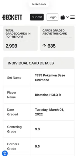 1999 POKEMON BASE SET UNLIMITED #2 BLASTOISE-HOLO BGS 8.5 NM-MINT+ PSA 9 - Image 3