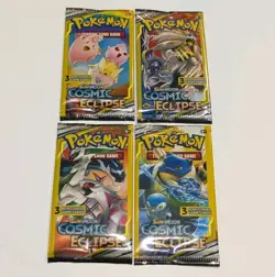 Pokemon Sun & Moon Cosmic Eclipse (4) 3-Card Booster Packs Art Set 2019 Sealed - Image 1