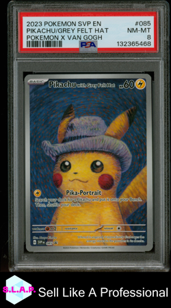 PIKACHU/GREY FELT HAT POKEMON X VAN GOGH SVP EN-SV BLCK STR PRM 2023 085 PSA 8 - Image 1
