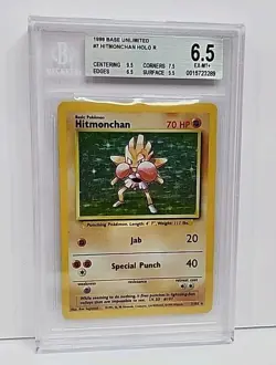 BGS 6.5 Hitmonchan 7/102 Holo Rare 1999 Base Set Unlimited Pokemon Card Graded - Image 1