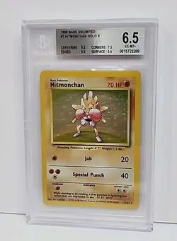 BGS 6.5 Hitmonchan 7/102 Holo Rare 1999 Base Set Unlimited Pokemon Card Graded - Image 2