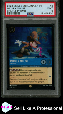 MICKEY MOUE DISNEY LORCANA 8/P1 2023 LEAGUE PROMO FOIL ENGLISH PSA 9 - Image 1