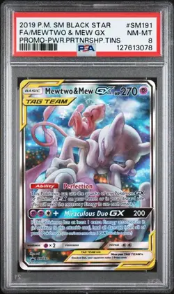 PSA 8 NM-MT Mewtwo & Mew GX Black Star Promo Full Art Holo 2019 Pokemon SM191 - Image 1