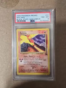 POKEMON 2000 Promo MOLTRES Black Star Aoki Error #21 PSA 8 RARE - Image 1