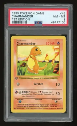 1999 Pokemon 1st Edition Shadowless Charmander #46 PSA 8 - Image 1