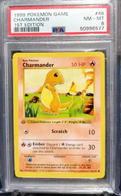 1st Edition Shadowless Charmander 46/102 Pokemon Card / Base set 1999 PSA 8 WOTC - Image 1
