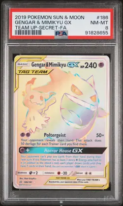2019 POKEMON SUN & MOON TEAM UP SECRET #186 FULL ART/GENGAR & MIMIKYU GX PSA 8 - Image 1