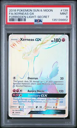 2018 POKEMON SUN & MOON FORBIDDEN LIGHT SECRET #139 FULL ART/XERNEAS GX PSA 9 - Image 1