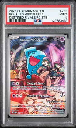 2025 POKEMON DESTINED RIVALS POKEMON CENTER ETB TEAM ROCKET'S WOBBUFFET PSA 9 - Image 1