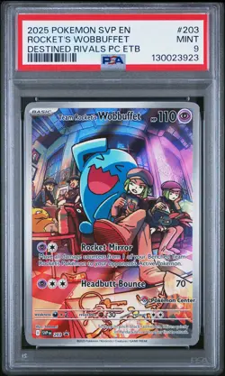 2025 POKEMON DESTINED RIVALS POKEMON CENTER ETB TEAM ROCKET'S WOBBUFFET PSA 9 - Image 1