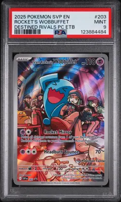 2025 POKEMON DESTINED RIVALS POKEMON CENTER ETB TEAM ROCKET'S WOBBUFFET PSA 9 - Image 1
