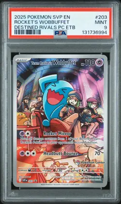 2025 POKEMON DESTINED RIVALS POKEMON CENTER ETB TEAM ROCKET'S WOBBUFFET PSA 9 - Image 1