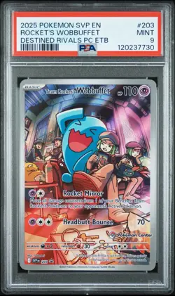 2025 POKEMON DESTINED RIVALS POKEMON CENTER ETB TEAM ROCKET'S WOBBUFFET PSA 9 - Image 1