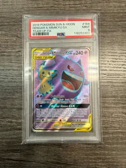 2019 POKEMON SUN & MOON TEAM UP #164 FULL ART/GENGAR & MIMIKYU GX PSA 9 - Image 1